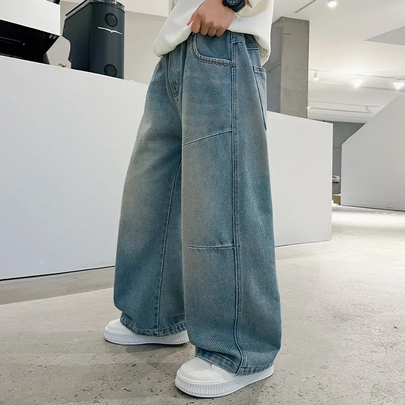Teenager Boys Straight Wide-Leg Jeans Street Style Medium to Big Sizes Handsome Children's Fashion Ages 4-14