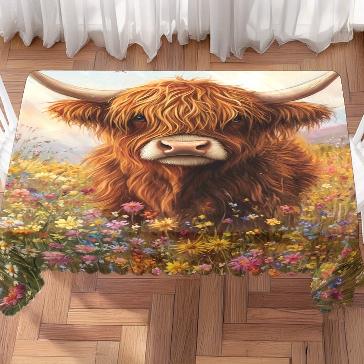 Cute Highland Cow Wildflower Meadow Art Print Waterproof Tablecloth, Rectangular Table Cover for Farm Home Dining Party Decor