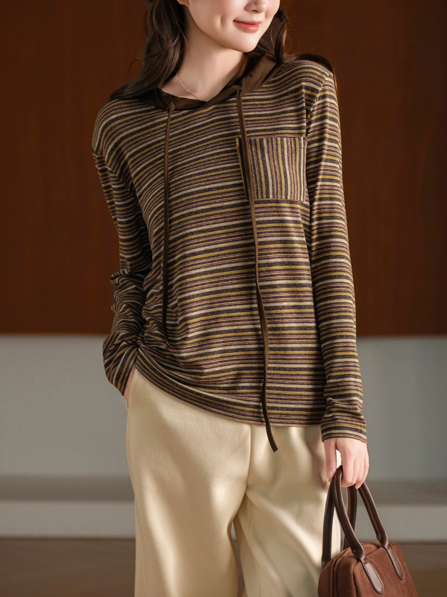 Women's Hoodie Sweatshirt Double Thread Stitching Flocking Striped Design Comfortable Loose Fit Elegant Style by XiaoErProduc...