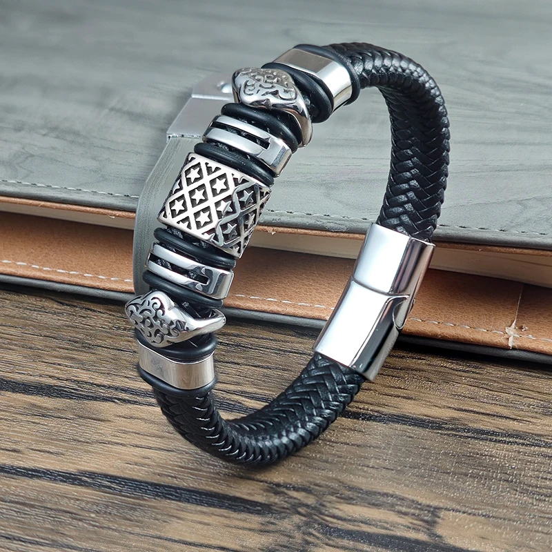 Herren-Armband aus Edelstahl, geflochtenes Lederarmband mit Sternmuster und Wolkenperlen, Magnetverschluss, Punk-Schmuck, Geschenk für Ehemann