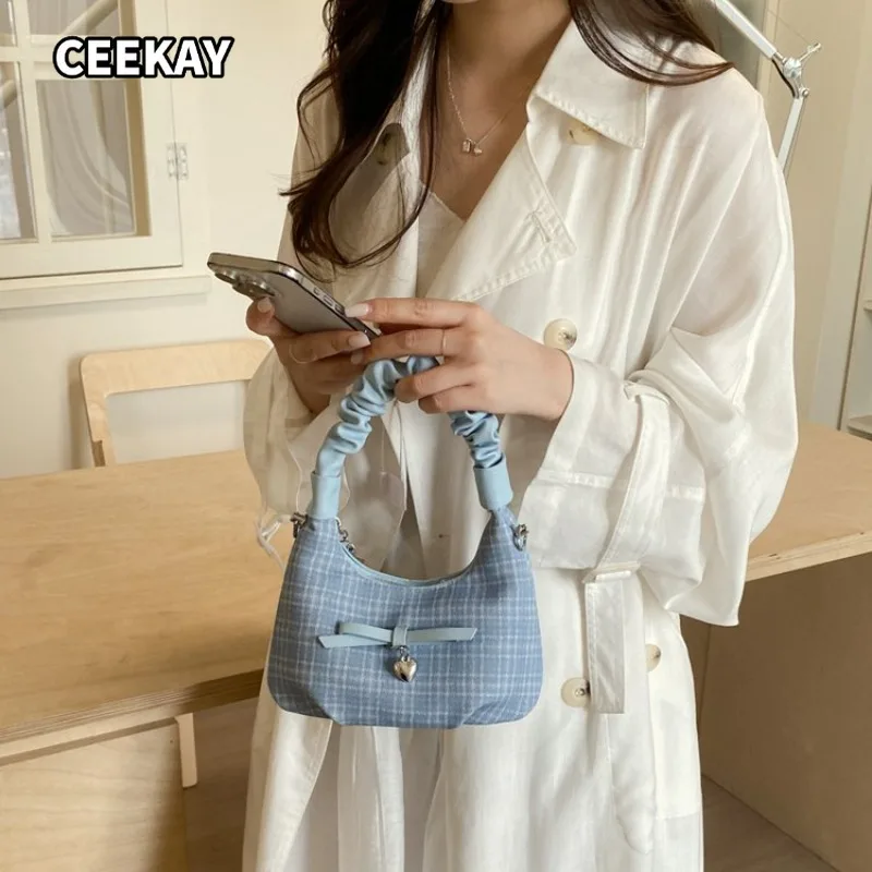 

CEEKAY Multi Color Plaid Fabric Hobo Bag Ruched Handle Bow Decor Silver Cute for Weekend Errands Casual Outdoor Ladies Daily Use