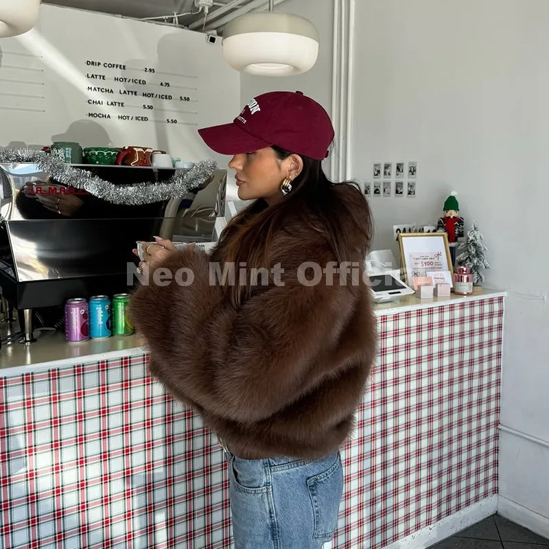 Neo Mint Winter 2025 Trendy Brown Obsession Cropped Shawl Collar Faux Fur Coat Women Jacket Chic Girls Brand Fox Fur Outerwear