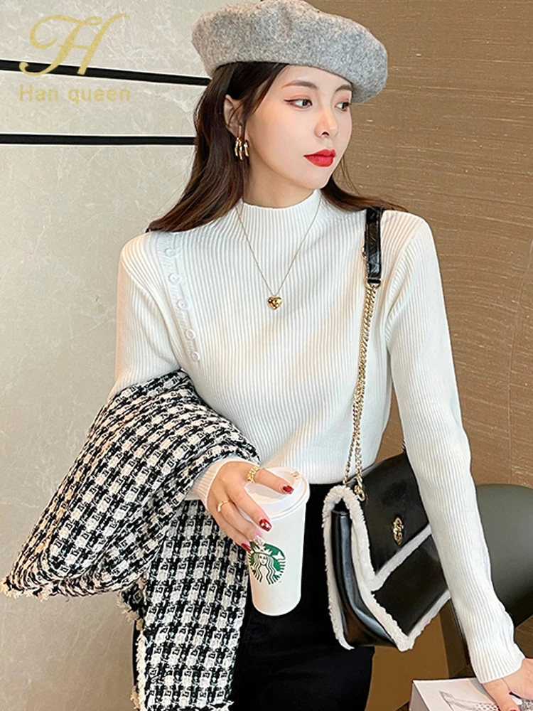 

H Han Queen, осенние мягкие липкие женские корейские свитера, простые шикарные винтажные однотонные вязаные топы с длинными рукавами, повседневные пуловеры ﻿
