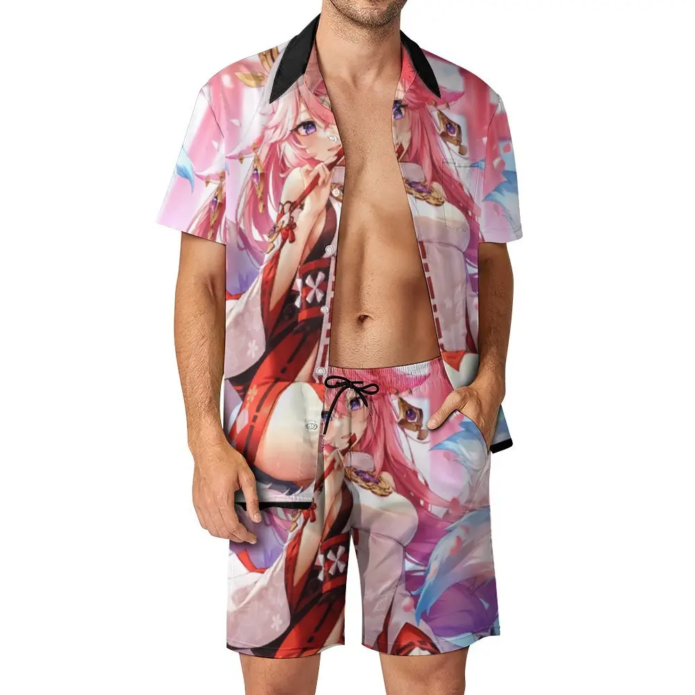 2 Pieces Coordinates 4K Yae Miko Photographic Print For Sale High Quality Men's Beach Suit Premium  Home USA Size