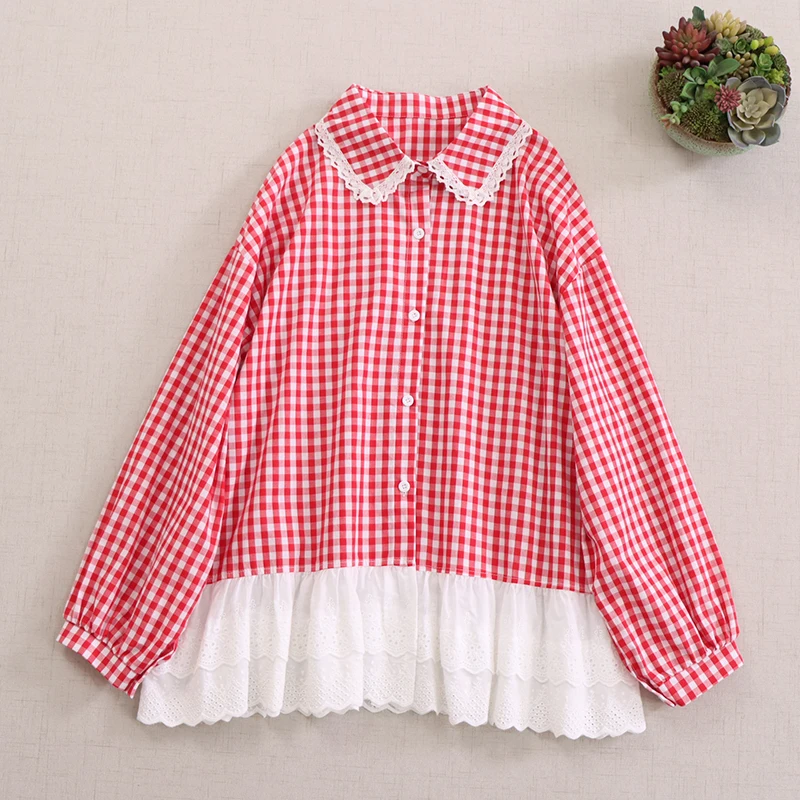 Spring New Japanese Sweet Mori Girl Plaid Lace Embroidery Patchwork Cotton Shirts Women Cute Peter Pan Collar Long Sleeve Blouse