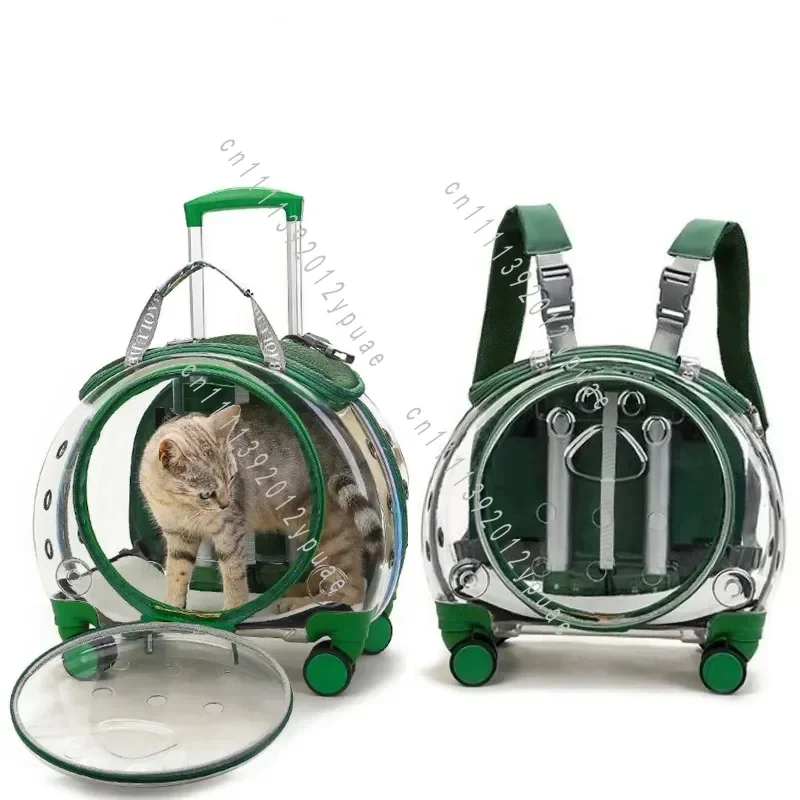 2 in 1 Transparent Breathable Pet Rolling Carrier Backpack Wheeled Trolley Travel Luggage Bag for Small Cats Dogs