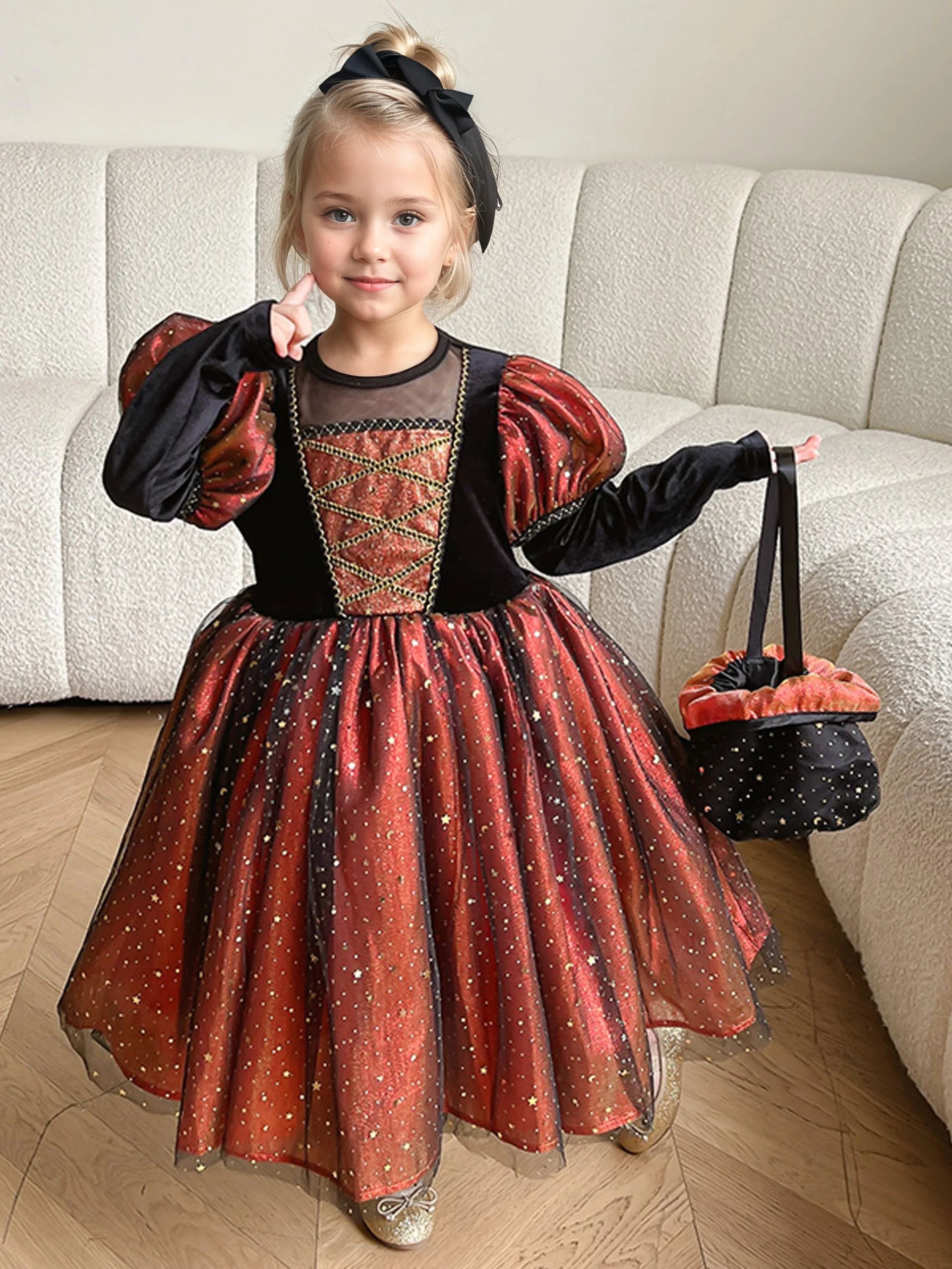 

Girls' Long sleeve Dress Puff Sleeve Lacing Sparkly Tulle for Summer & Autumn Halloween/Christmas Celebrations Free Purse