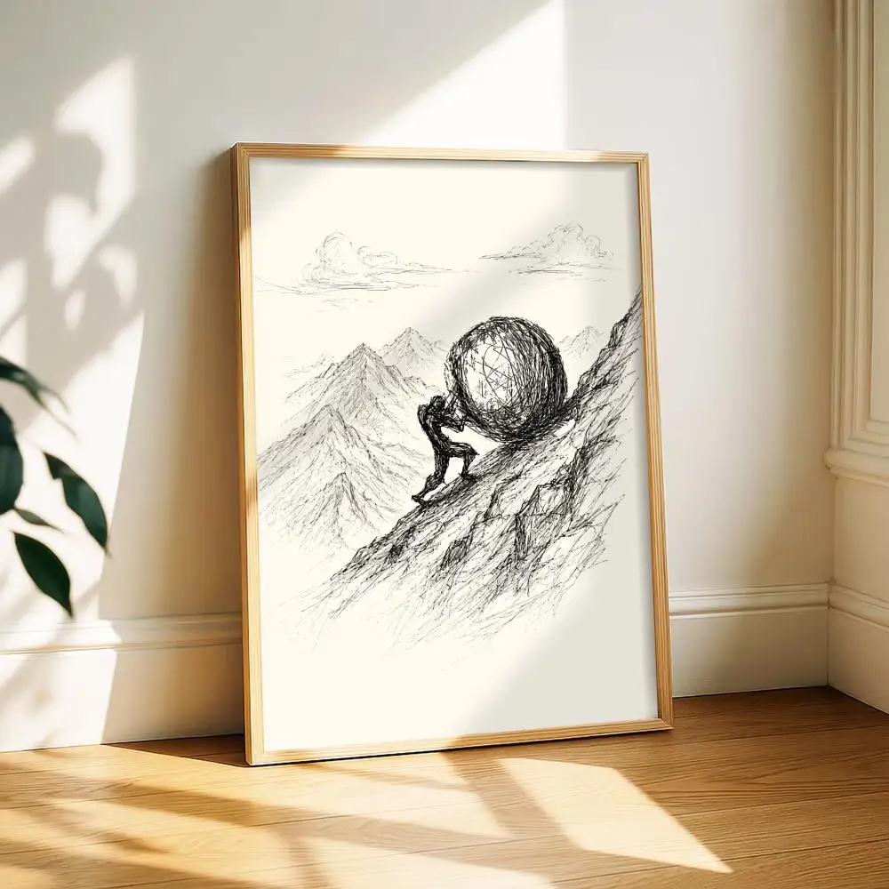 Sisyphus Pushing Boulder Up Painting Calligraphy Canvas Poster for Bedroom Living Room Home Decor Wall Decoration Decals Gift