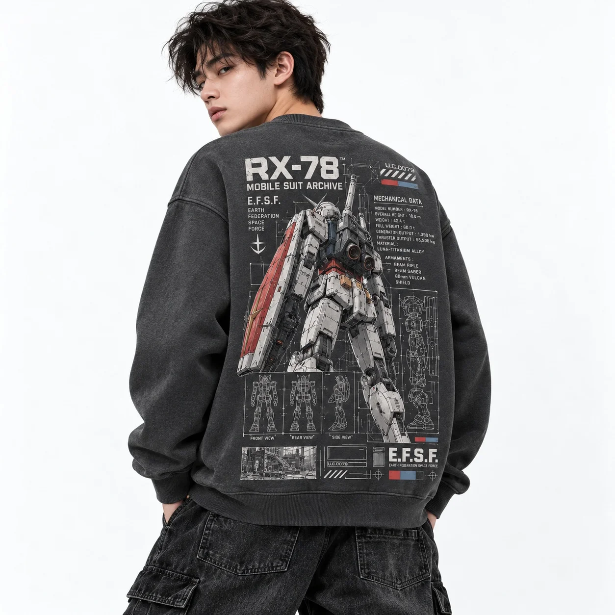 Men Gundam RX-78-2 Sweatshirt Washed Vintage Mobile Suit Front Back Blueprint Print O Neck Streetwear Pullover Tops