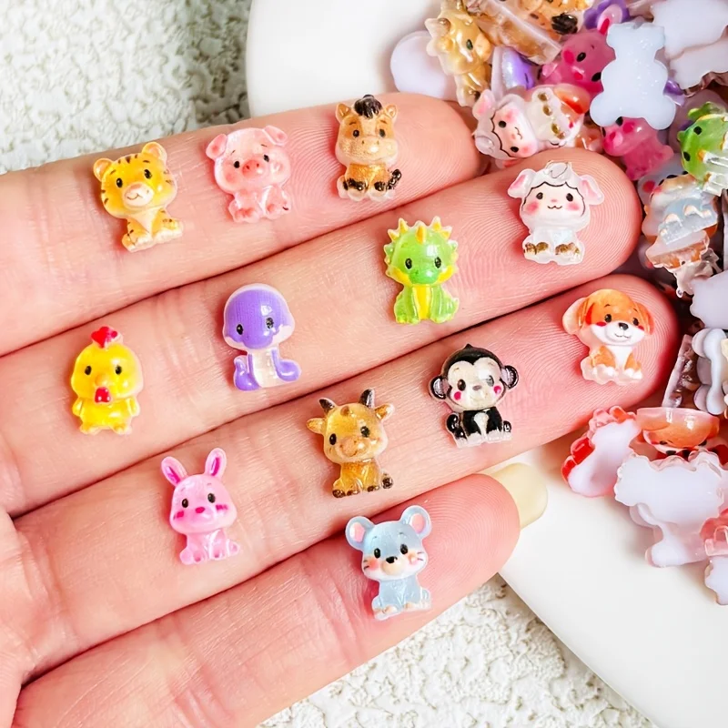 20/40/60 cute mini mixed tiger, dragon, dog, rabbit, pig nail art, resin petite charm multi-functional rhinestone embellishments