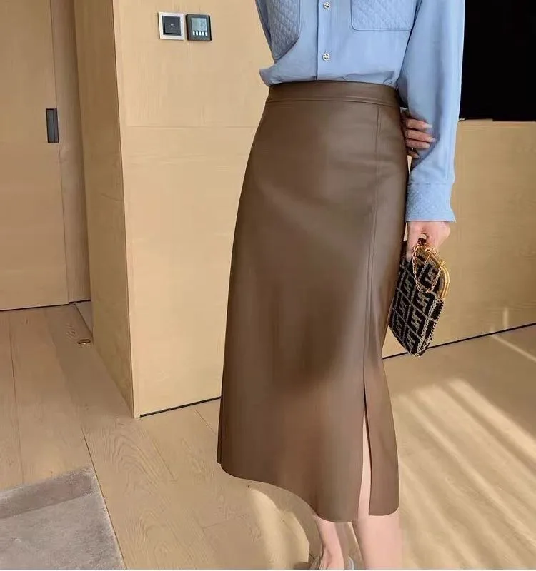 

Новая женская юбка миди из натуральной овечьей кожи с высокой талией, А-силуэт, облегающая, однотонная, весна-лето