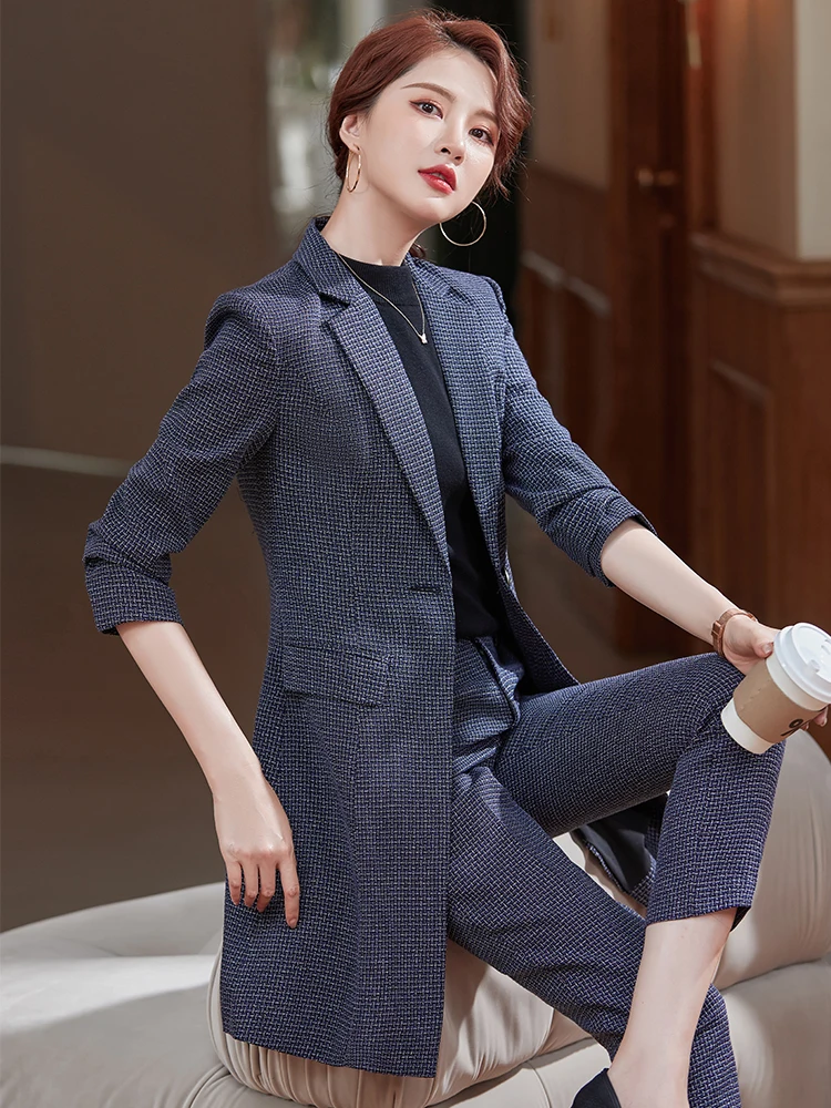 Office Ladies Business Work Wear Formal Pant Suit Women 2 Piece Set Female Long Yellow Gray Red Plaid Blazer And Trousers