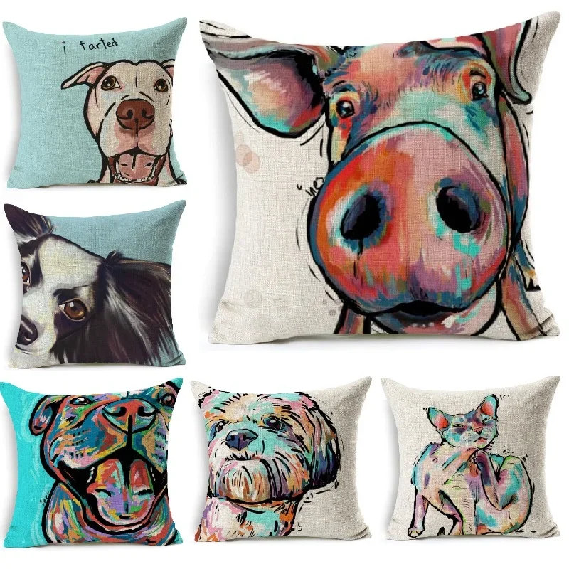 Just linen cushion for sofa and car, decorative pillowcase, funny, over, dog, cat, document, painting