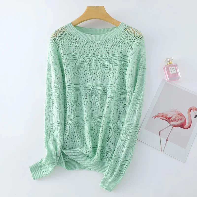 Spring Summer Cotton Sweater Thin Pullover Women's Knitted Hollow Out O-Neck Fashion Knitwear Loose See Through Look Tops