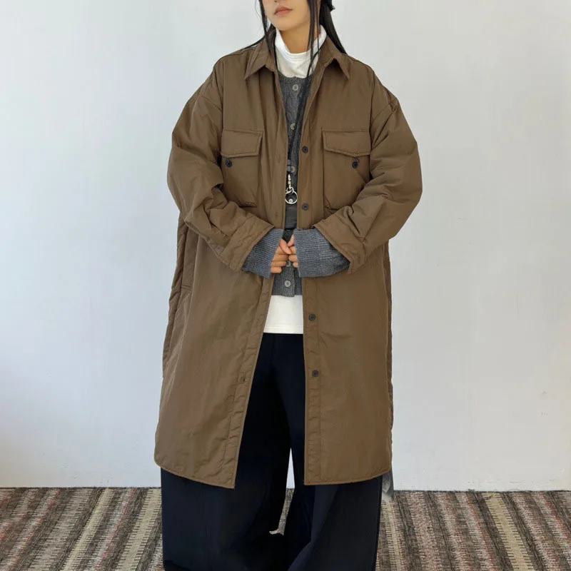 KWTX Women’s Vintage Elegant Lapel Collar Thickened Cotton Coat Winter Warm Solid Color Mid-Length Casual Outerwear 2025 New