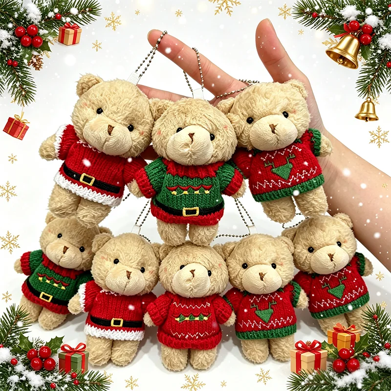 10pcs Christmas Plush Bear Toy Pendant Mini Sweater Bear Doll Keychain Pendant Xmas Tree Plush Pendant Room Decoration Girl Gift