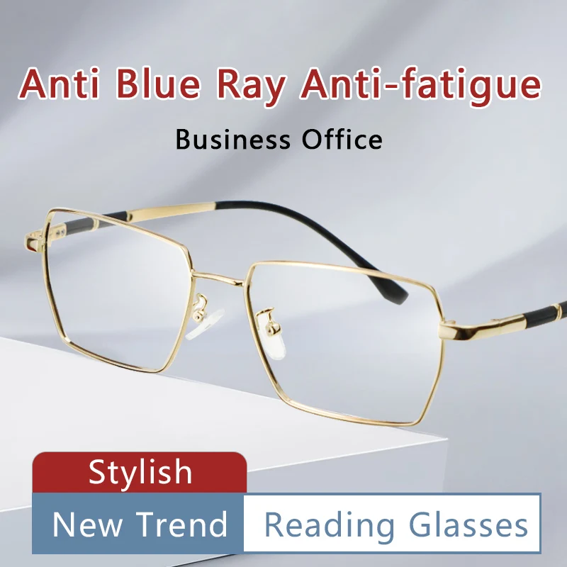 Anti Blue Ray Anti-fatigue Reading glasses Spectacles With Gold Wire Frames,Rectangle Presbyopic Glasses, Magnifying Glasses