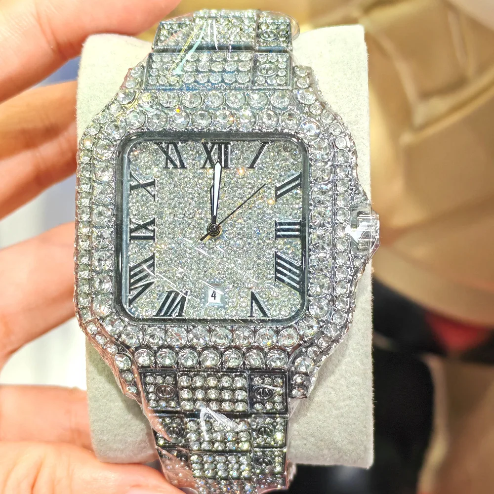 High Quality Silver Hot Sale Ice Out Hip Hop Diamond Quartz Watch for Men Top Luxury Watch Fashion Stainless Steel Watches Clock