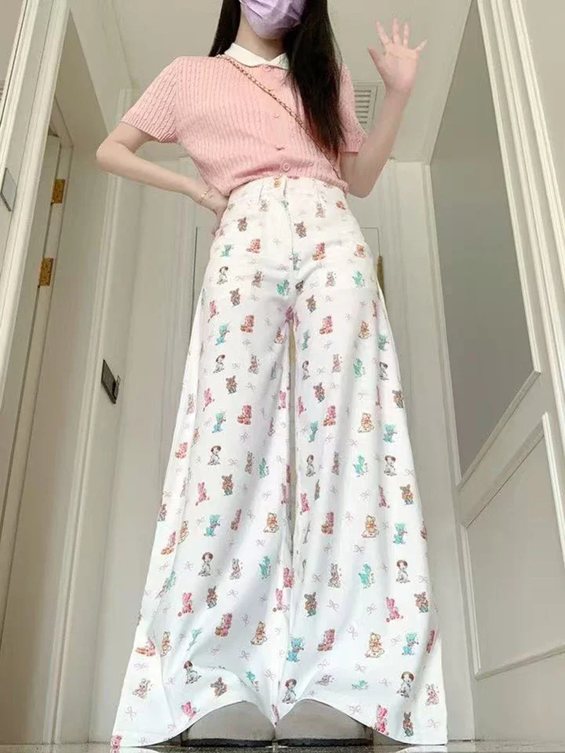 Damskie białe jeansy vintage z nadrukiem kreskówkowej kokardy Y2k, z wysokim stanem, szerokie nogawki, spodnie dżinsowe w stylu streetwear, proste, codzienne spodnie z lat 2000.