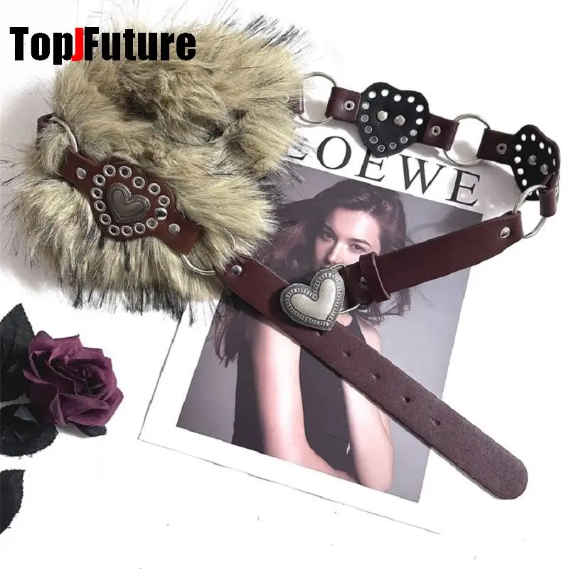 American Vintage Spice Girl Women's Harajuku Steampunk Y2K Plush Dark Furry love belt Concave shaped decorative waist chain