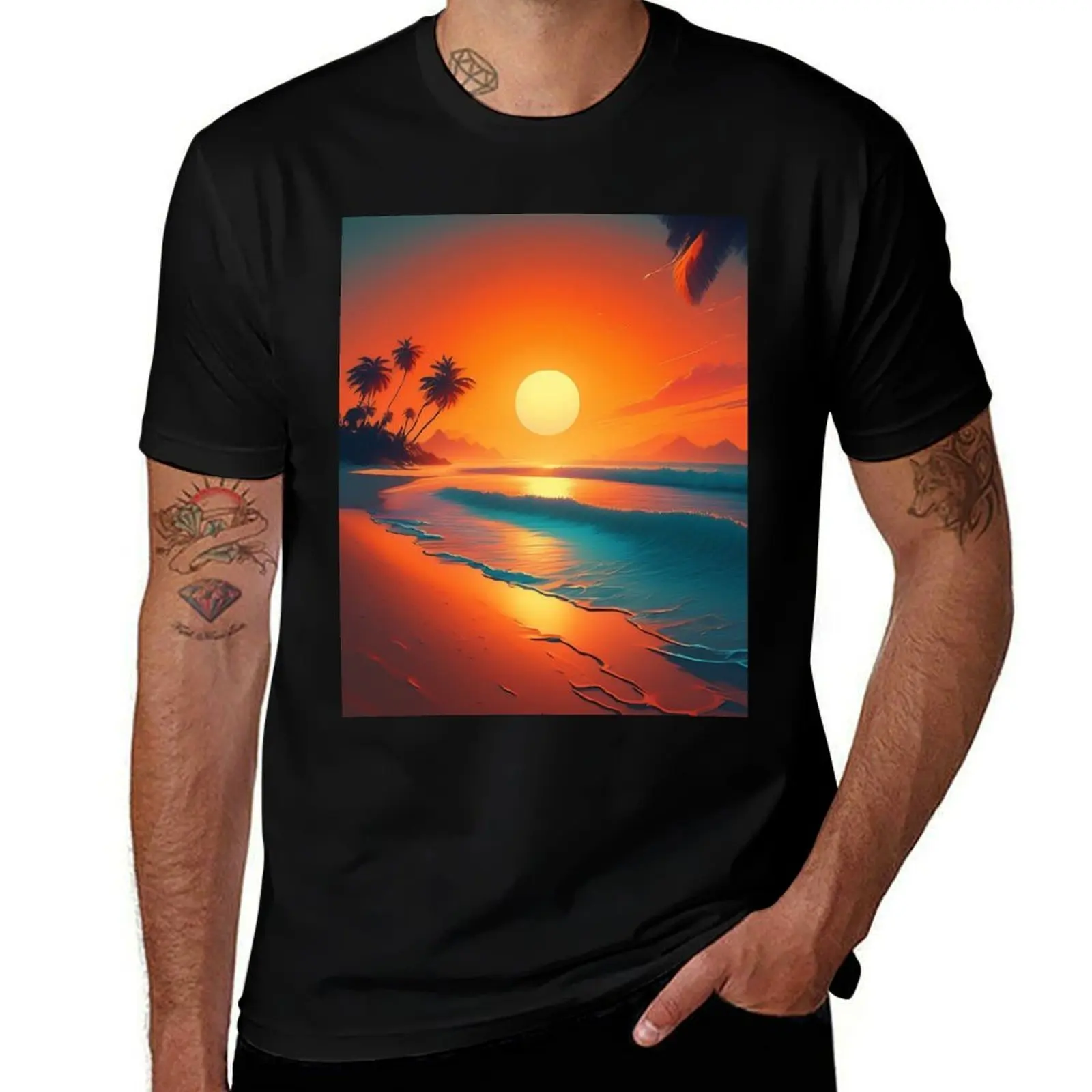 

Sunrise on a tropical beach with palm trees with neon waves T-Shirt essential t shirt rapper graphic tees tees T-shirt men