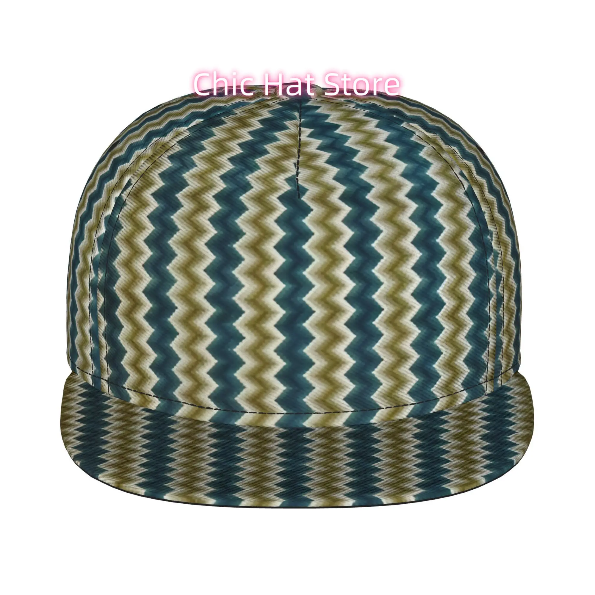 1pc Teal And Beige Chevron Pattern Fully Printed Hip-Hop Cap, Stylish Flat-Brimmed Baseball Cap, Trucker Caps Baseball Caps Golf view 2