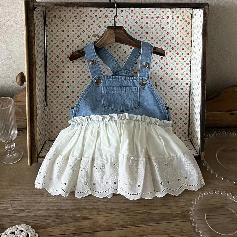 MILANCEL New Summer Baby Dress Toddler Denim+White Lace Stitching Cute Bear Dress Infant Outwear