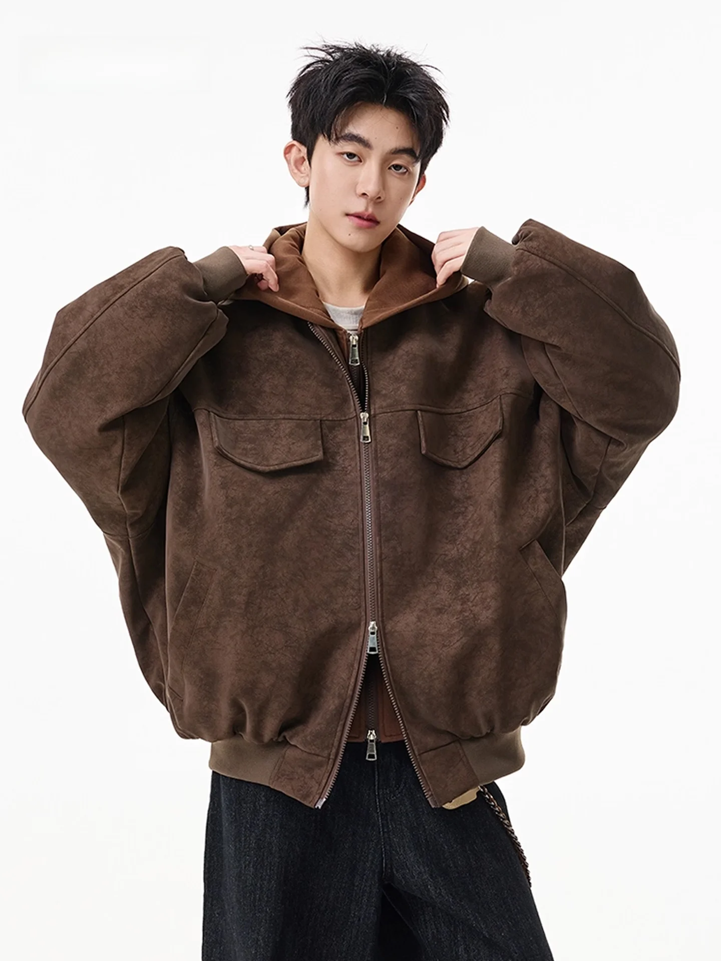 アメリカン スレ ティエンド PU レザー フード付きコットン ジャケット メンズ 冬 ファッション ルーズ ダブルジッパー 暖かいコート トレンディ ユース カジュアル