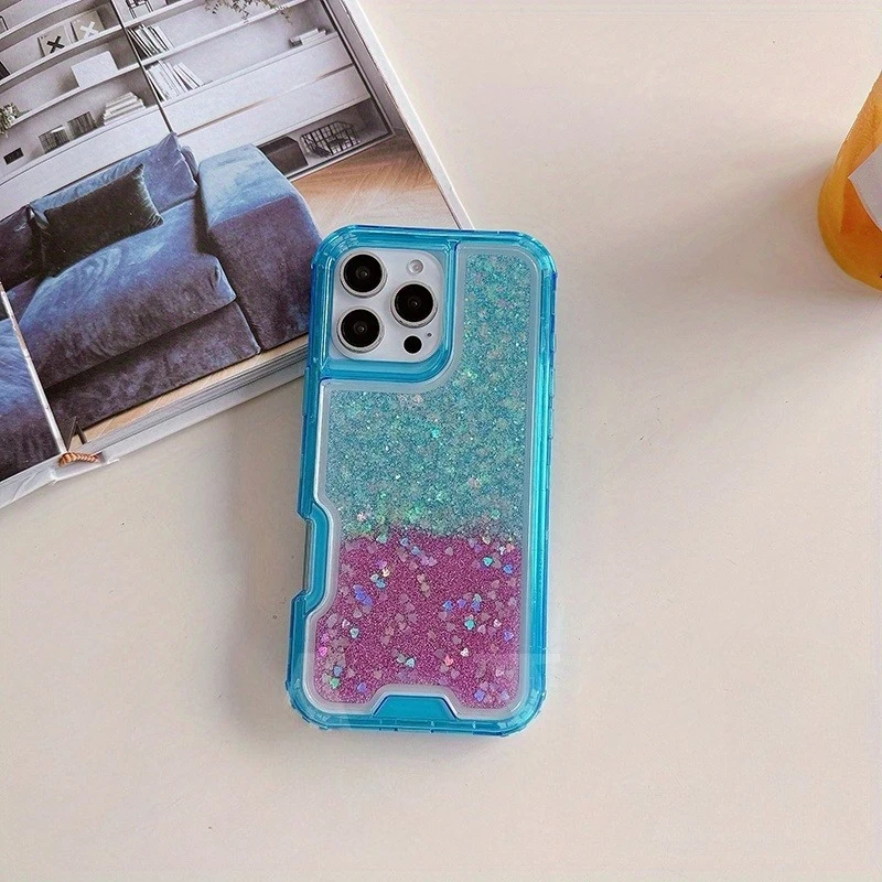 

Двухцветный блестящий футляр из эпоксидной смолы | Синий + Светло-Фиолетовый | Высококачественный чехол «три в одном» для IPhone 16, 15, 14, 13 Plus Pro Max