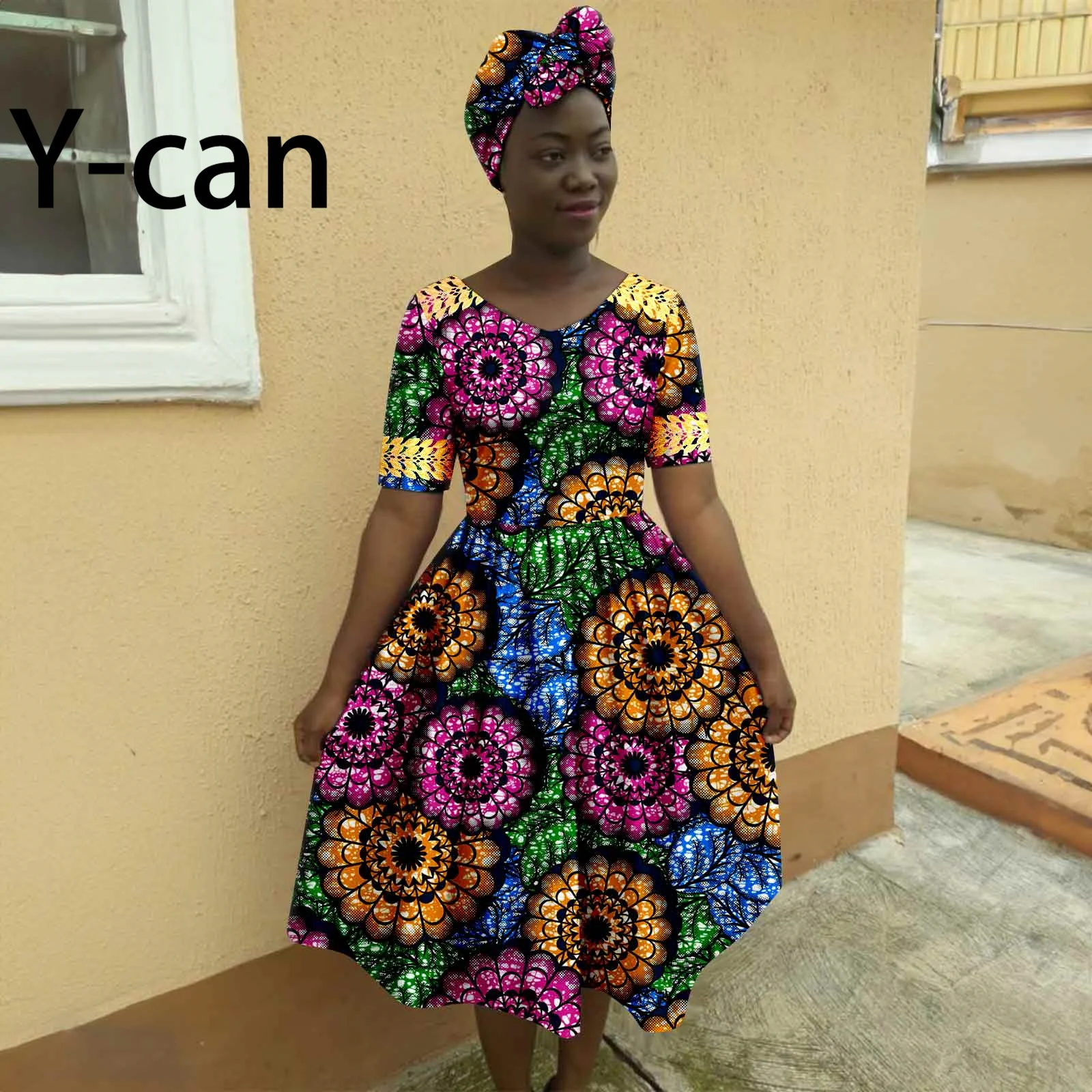 

African Dresses for Women 2023 V-neck Dress with Headscarf Dashiki Print Party Wedding Dress Luxury High Class Dresses 2425053