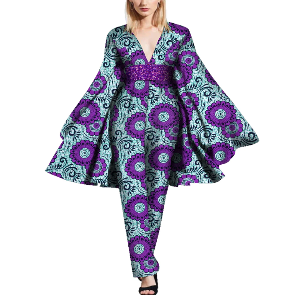 BintaRealWax African Cape Sleeve Romper Bazin Riche Sexy DeepV-Neck WomenJumpsuit Dashiki Elegant Jumpsuit WY5597