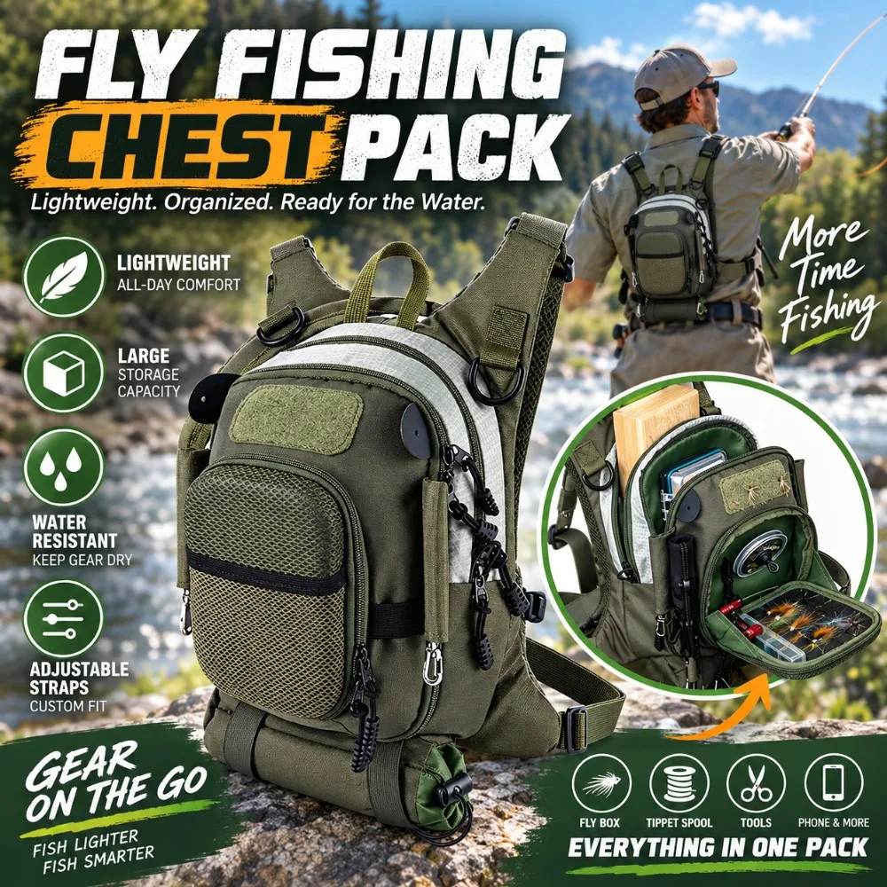 Image of Atmungsaktive Brusttasche für Fliegenfischen, verstellbare Träger, feste Vordertasche, Fischerei-Zubehörtasche, Zwei-Wege-Reißverschlüsse, einziehbares Kordelband.