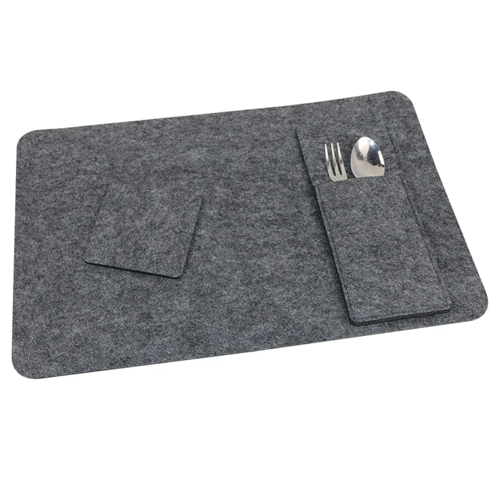 

6Sets Felt Table Mat Set Anti Slip Decorative Dining Mats with Coasters and Fork Pouches Easy Clean Home Restaurant Use Grey