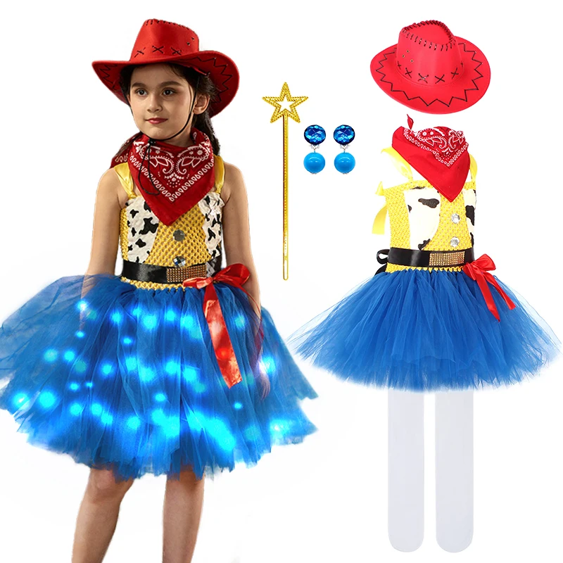 Fancy Girl Cosplay Cartoon Princess Jessie Dress Carnival Denim Style Outfit Children Masquerade Stage Show Birthday Party Gowns