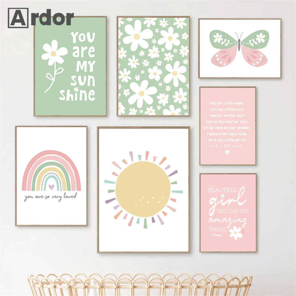

Pink Green Cartoon Butterfly Canvas Painting Sun Rainbow Nursery Print Quotes Poster Nordic Wall Pictures Baby Girls Room Decor