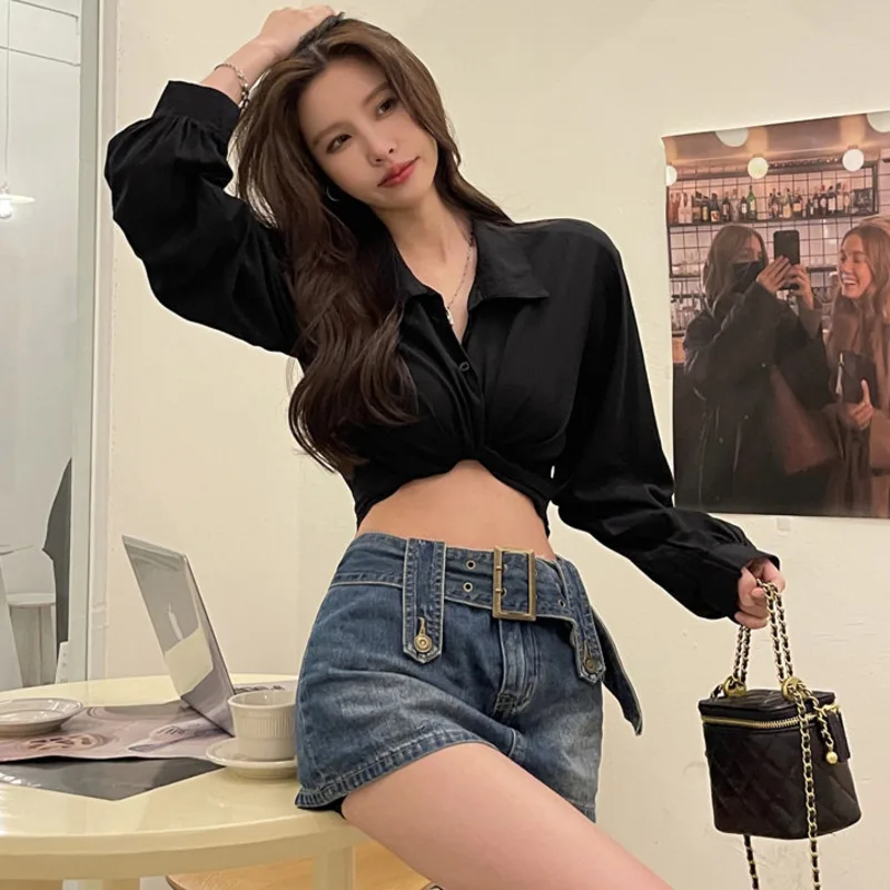 

Женские вечерние топы с длинными рукавами и закрученными пышными рукавами, новинка весны и лета 2025 года, горячая сексуальная короткая блузка, женская клубная однотонная пляжная одежда Blusas