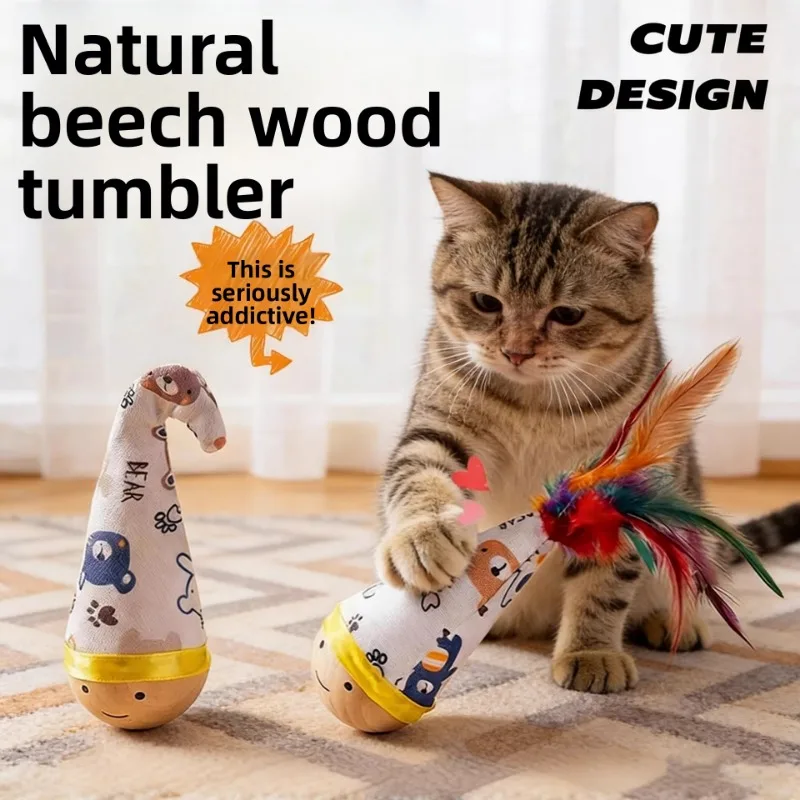 Wood Tumbler Wobble Cat Toy with Feather Bite-Resistant Self-Play Kitten Teeth Cleaning Interactive Play Toys Pets Supplies
