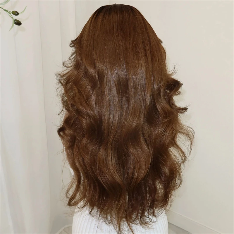 Chocolate Brown Soft LowLights Lace Front Wigs Synthetic Premium Fibre Wig Blend Human Hair Crimped Beach Vibes Style 28 Inch