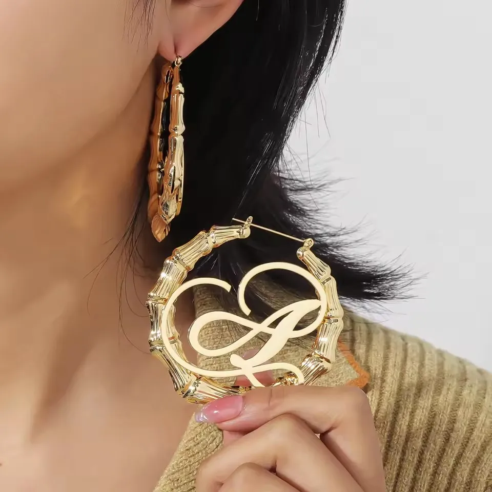 Christmas Gift Stainless Steel Earrings Custom 30mm-100mm Name Bamboo Hoop Earring Bamboo Personality Name Drop Earring