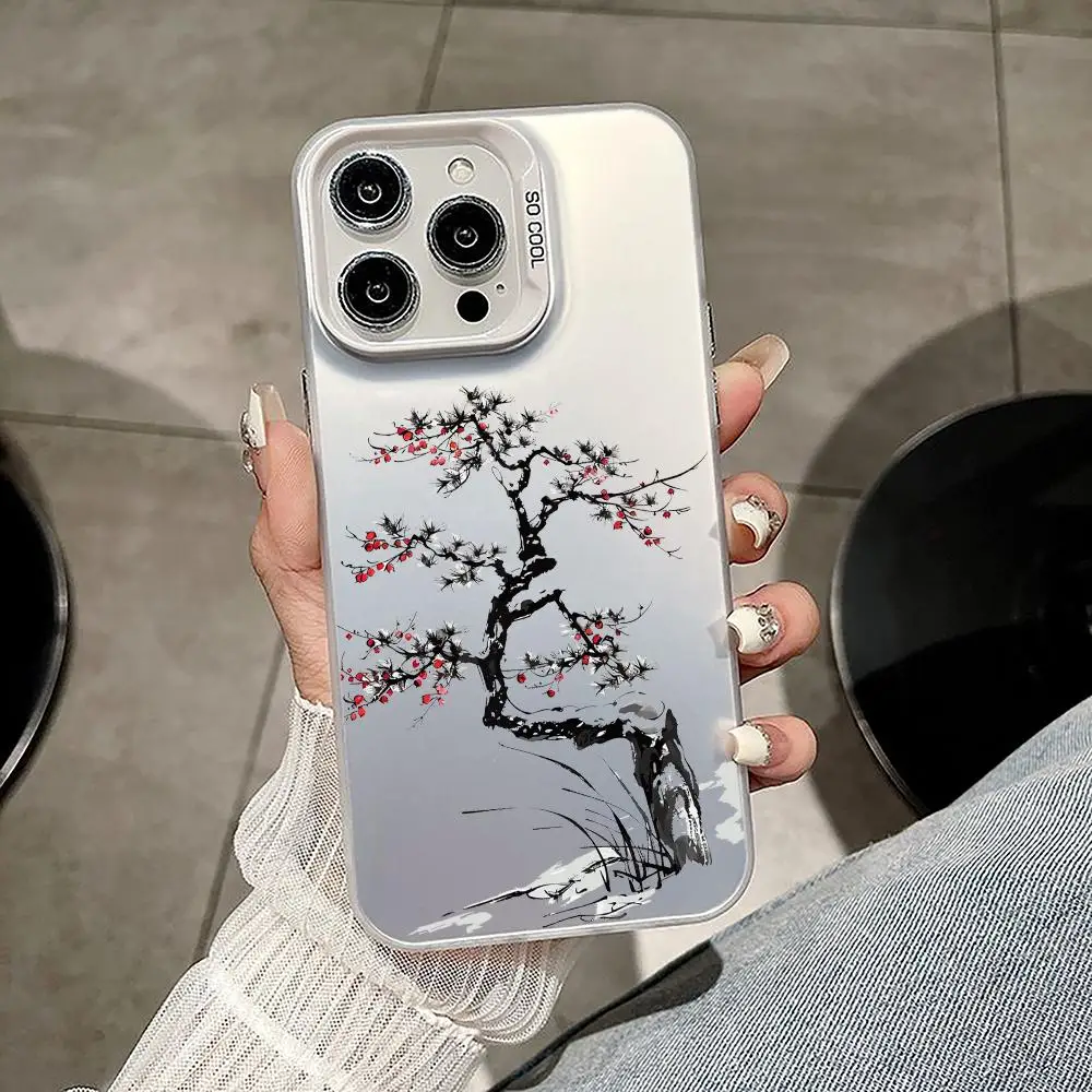 البرقوق بوسوم طلاء حبر جراب هاتف آيفون 11 12 13 14 15 16 17Pro ماكس الهواء زائد ضوء صغير فاخر الراقية الملونة الفضة Ca