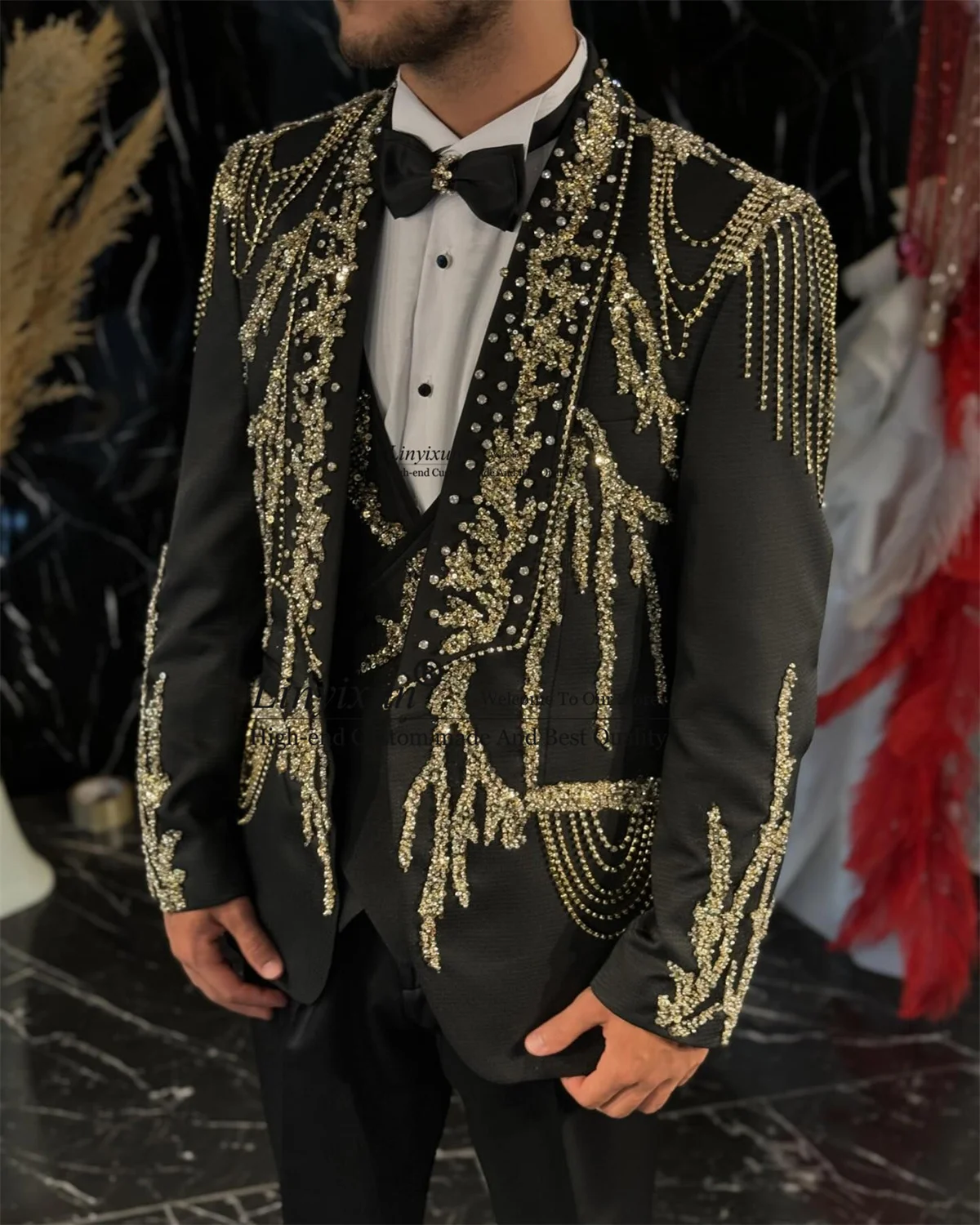 Luxury Beaded Crystals Men Suits 3 Pieces Sets Groom Wedding Tuxedos Formal Black Male Prom Blazers Slim Fit Costume Homme