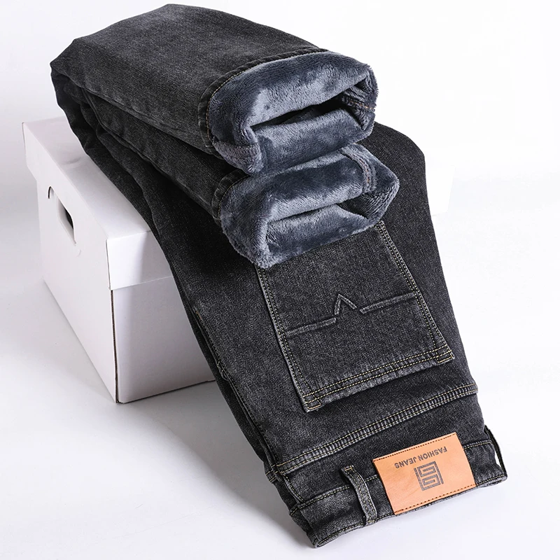 Retro Winter New Fleece Slim Stretch Jeans Fashion Warm Straight Casual Plush Thick Velvet Male Brand Denim Trousers