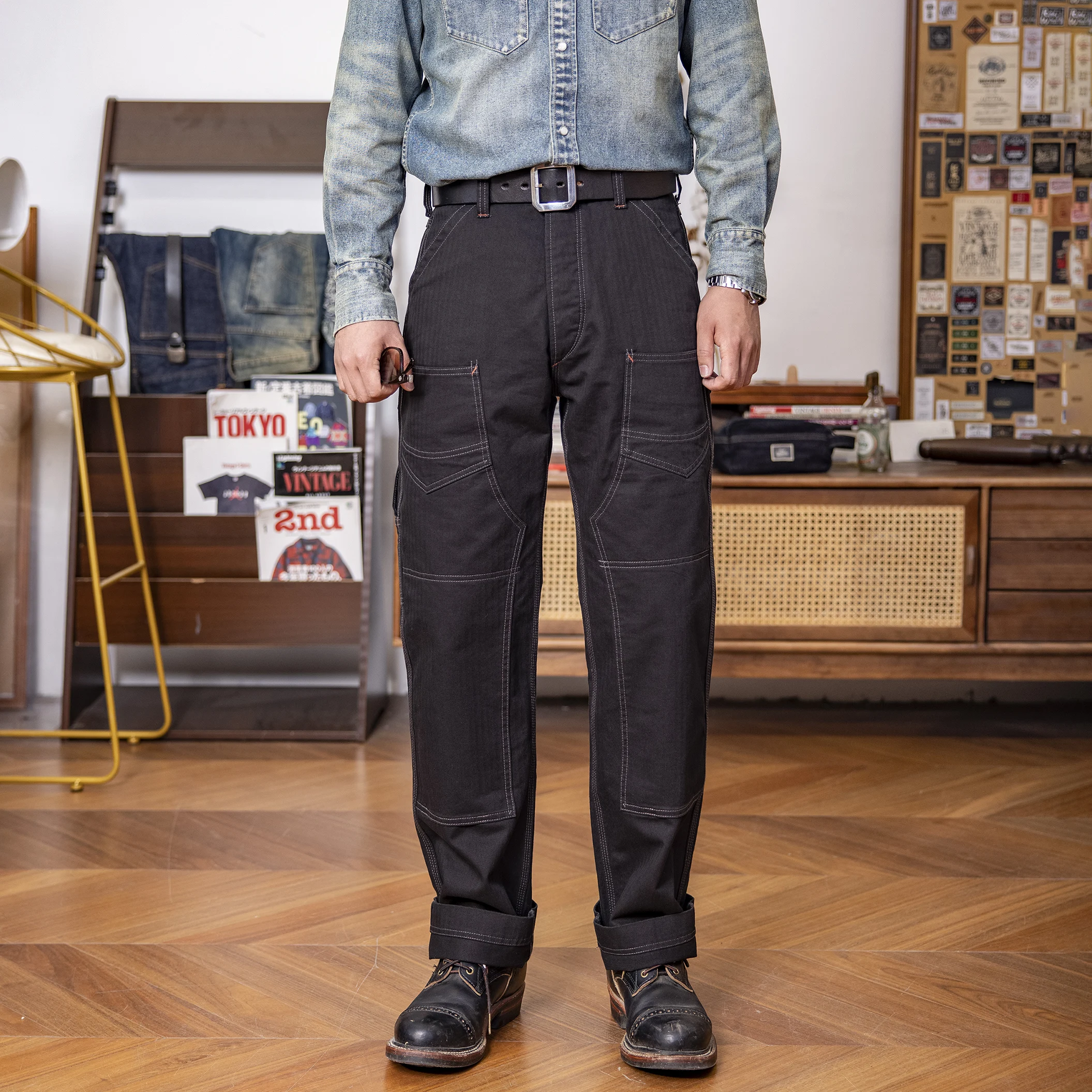Red Tornado Herringbone Derrickman Overalls in Black Double-Knee Work Pants Men's Casual Trousers