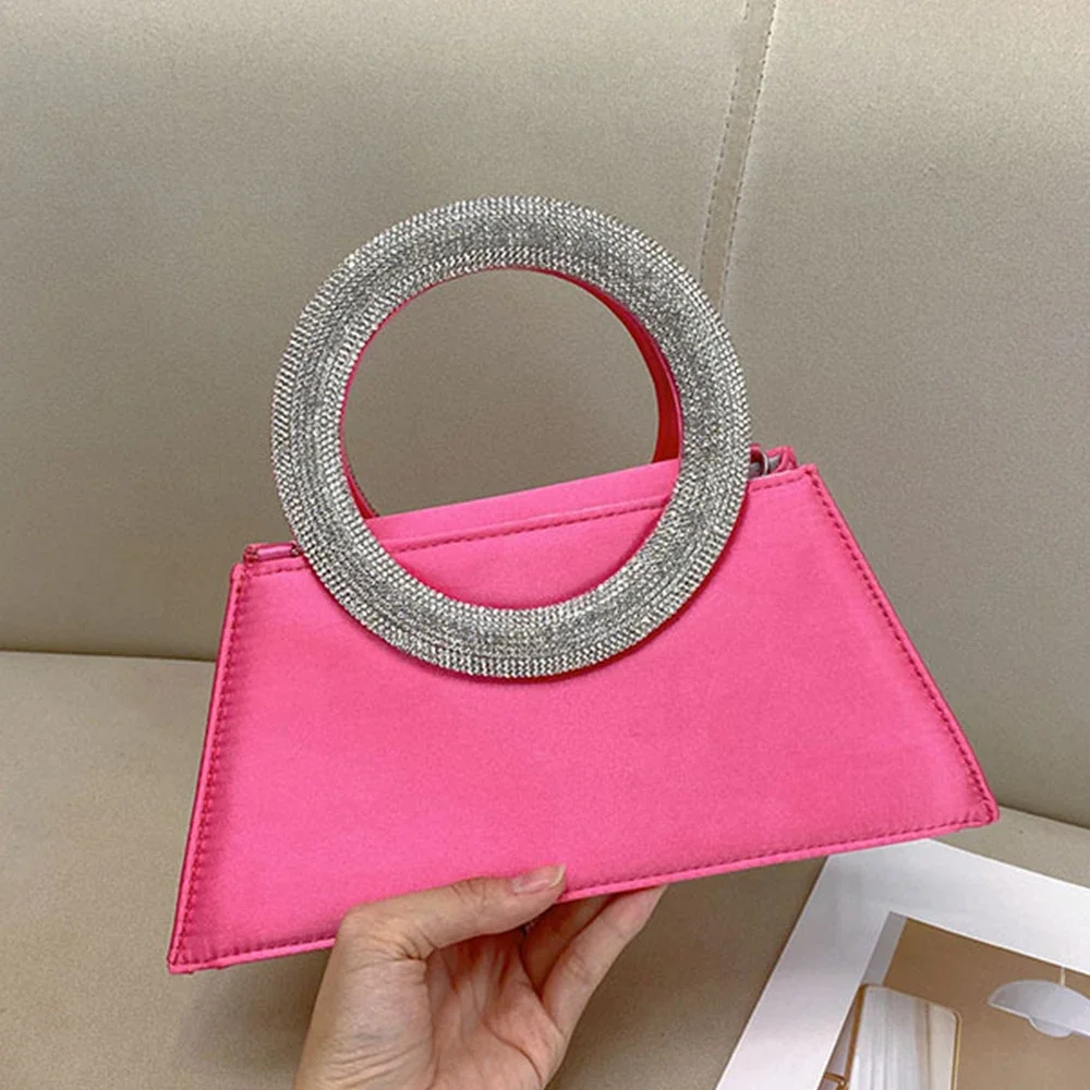 

Round Diamond Handle Evening Clutch Luxury Rhinestone Satin Handbag Candy Color Silk Designer Bag Laser Party Wedding Clutch NEW