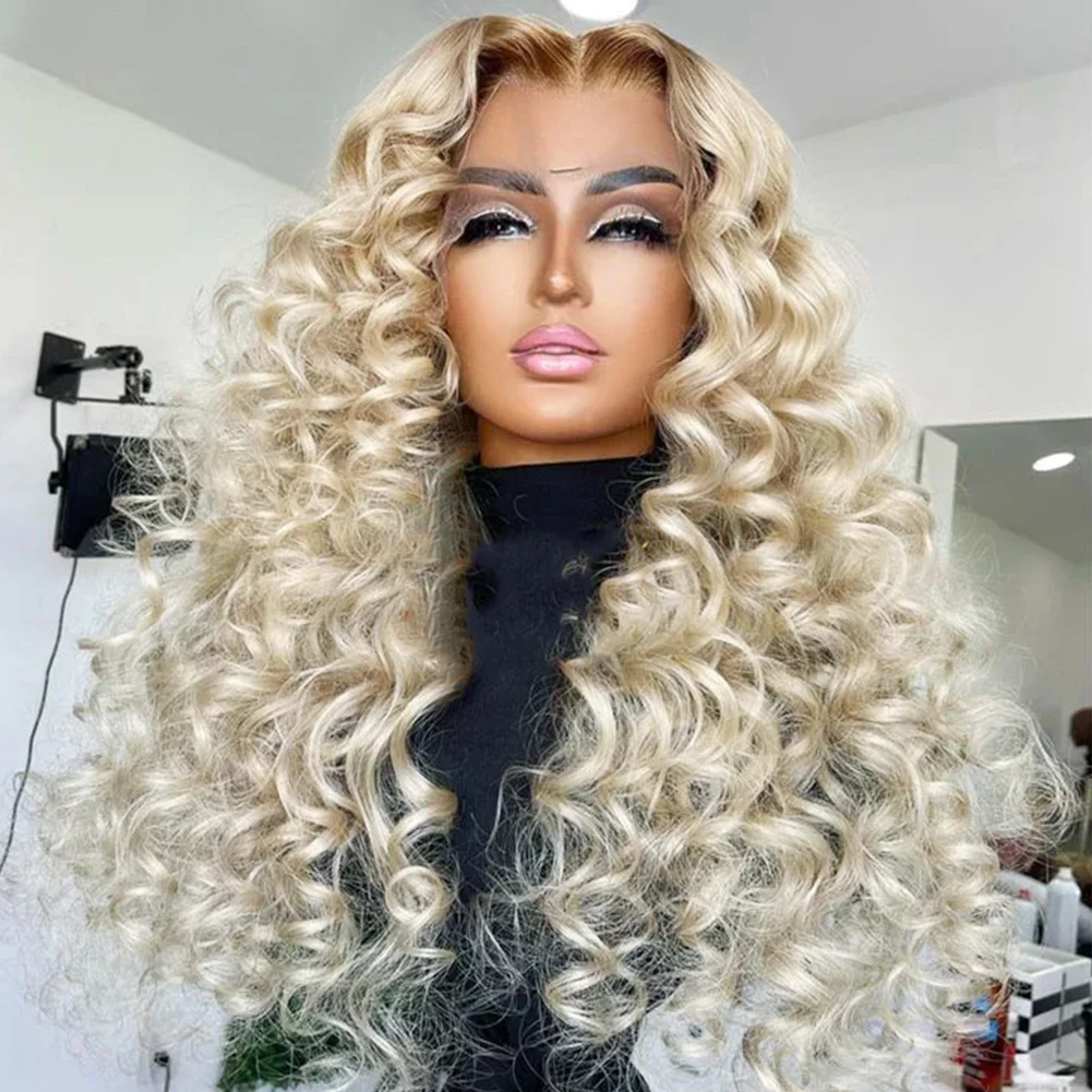 Aimeya Omble Blonde Pruiken Voor Vrouwen Synthetische Krullend Pruik Lange Kant Voorkant Kinky Krul Haar Pruiken Midden Deel Cosplay Party Lace Pruik