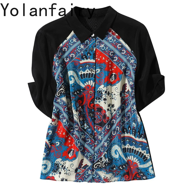 

YOLANFAIRY 100% Real Mulberry Silk Shirts for Woman Summer Vintage Printed Women Shirt Tops Patchwork Short Sleeve Shirts Female