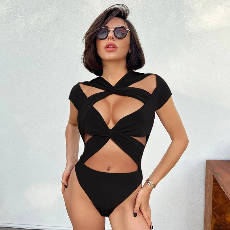 

2024 Summer Sexy Clubwear Hollow Cross Bandage Skinny Bodysuits Women Solid Black Short Sleeve Spicy Girl Street Hipster Rompers