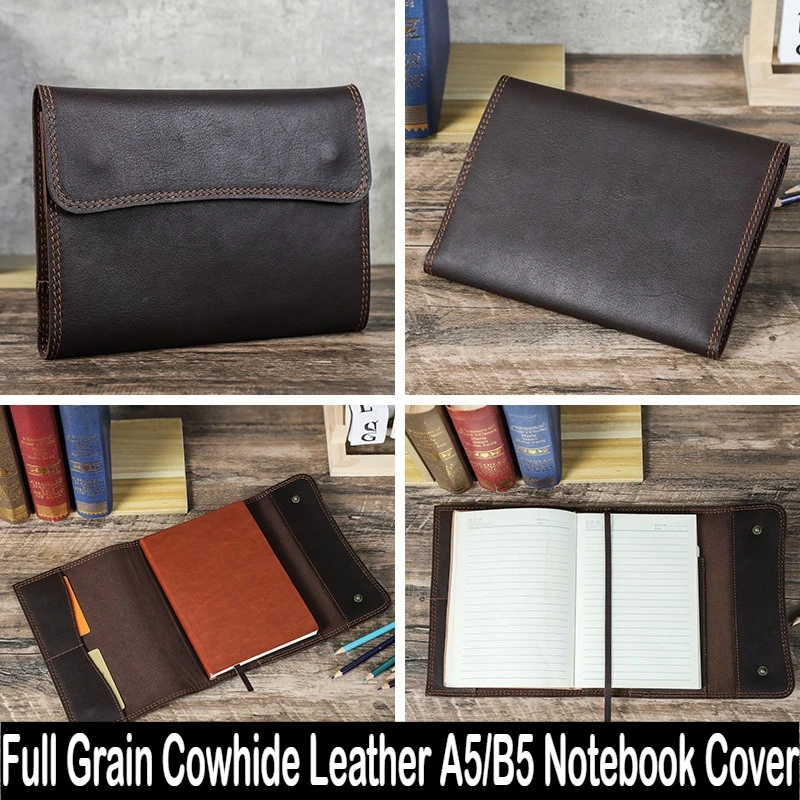 Vintage Coffee Full Grain Cowhide Leather A5/B5 Notebook Sleeve Handmade Flip Cover Office Journal High-Qual Durable Protector