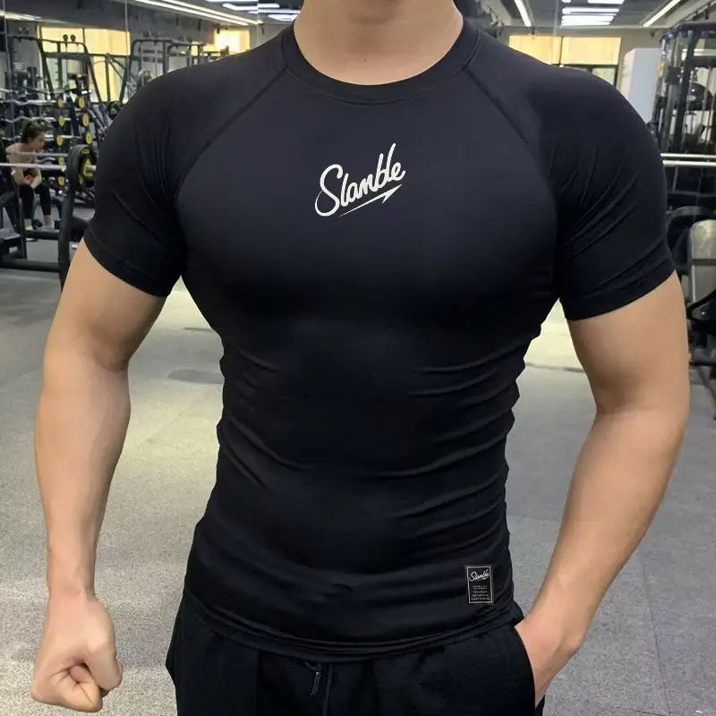 

High Spring Short Sleeve Tights Summer Training Sports T-shirt Quick Drying Letter Print Design Men's Fitness Base Running Tee