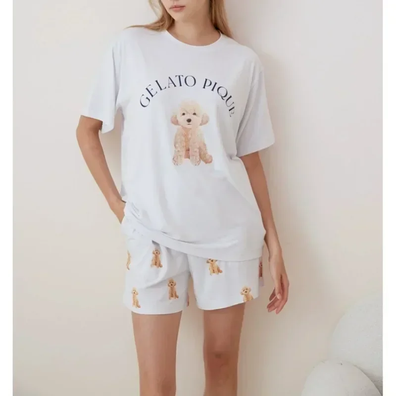2024 Summer Home Fury Set Cute Dog Simple Short Sleeved T-shirt Women's Shorts Two Piece Set Can Be Worn As Pajamas